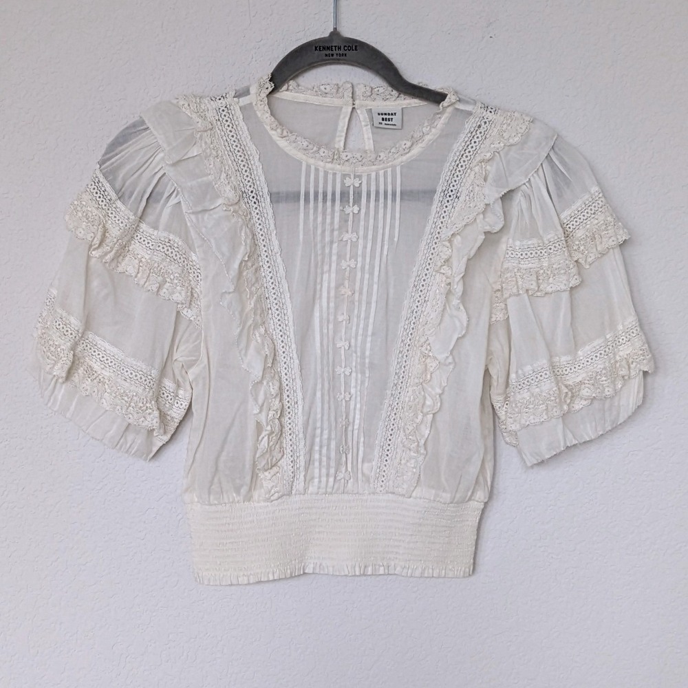 Sunday Best Aritzia Blouse White Lace Ruffle Smocked Organic Cotton Top Altered